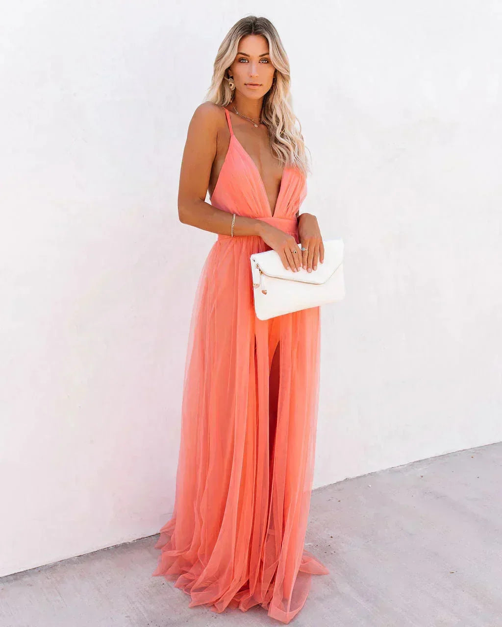 Women's Plunge Neck Wedding Guest Maxi Dress