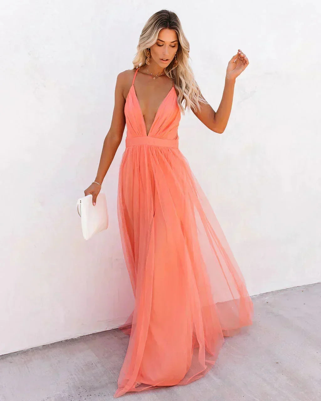 Women's Plunge Neck Wedding Guest Maxi Dress