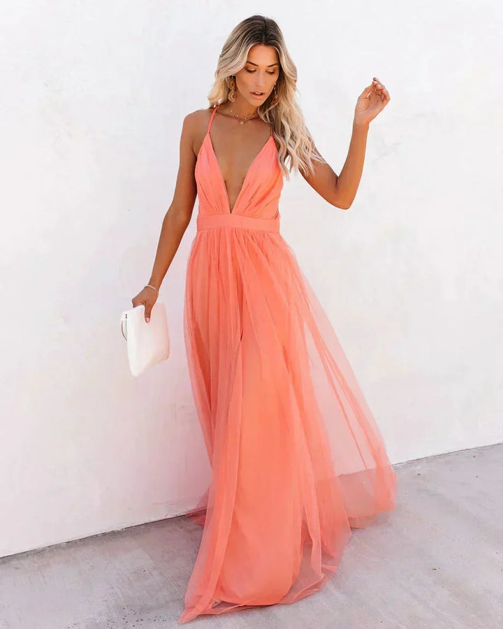 Women's Plunge Neck Wedding Guest Maxi Dress
