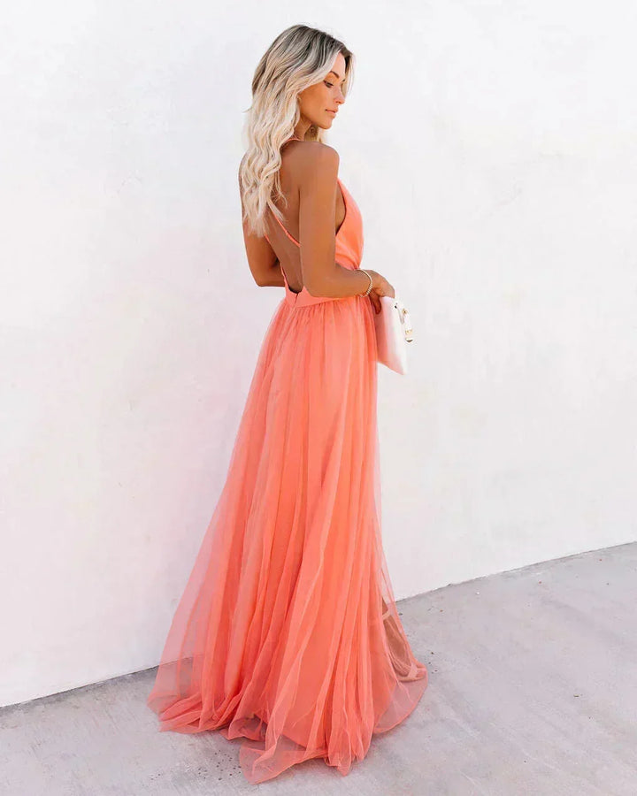 Women's Plunge Neck Wedding Guest Maxi Dress