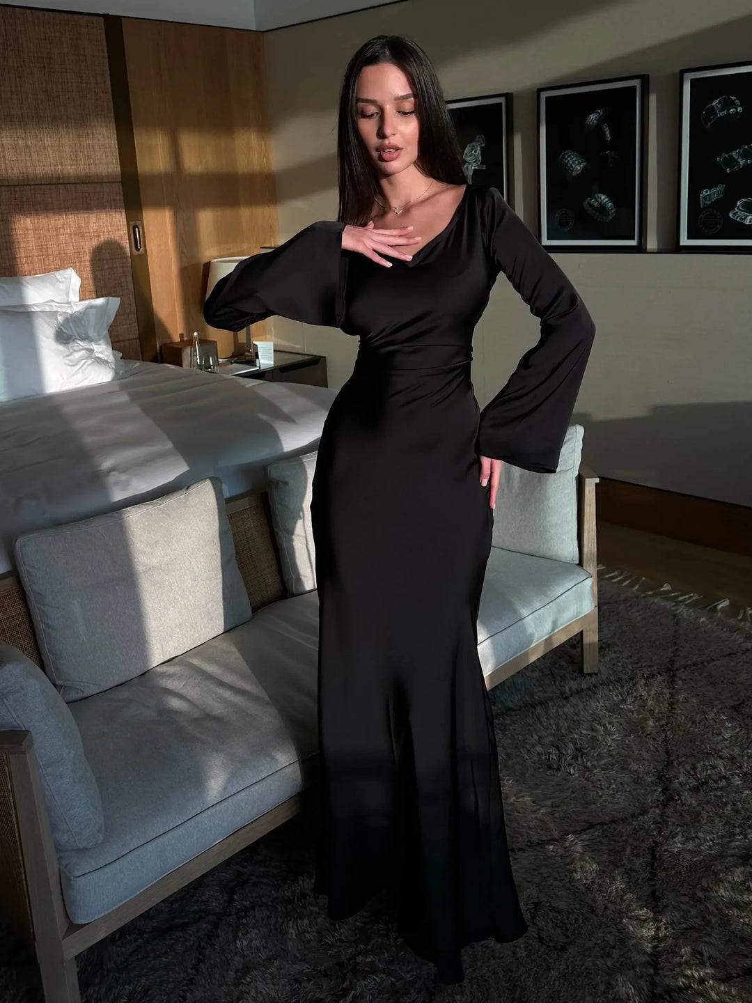 Women's Wedding Guest Maxi Dress with Flare Sleeves