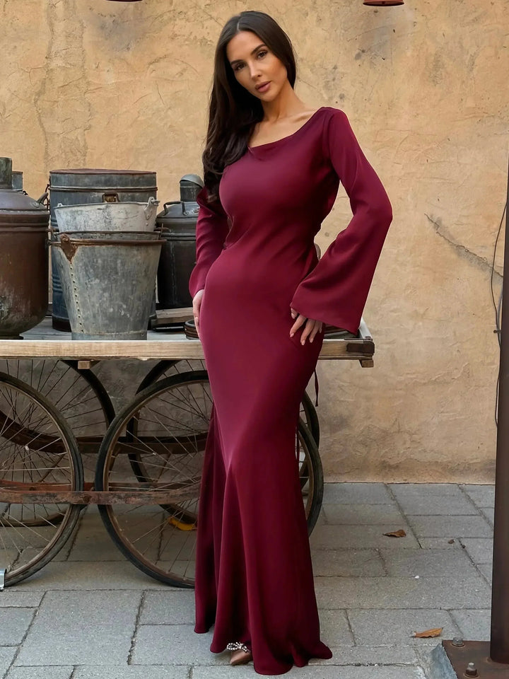 Women's Wedding Guest Maxi Dress with Flare Sleeves