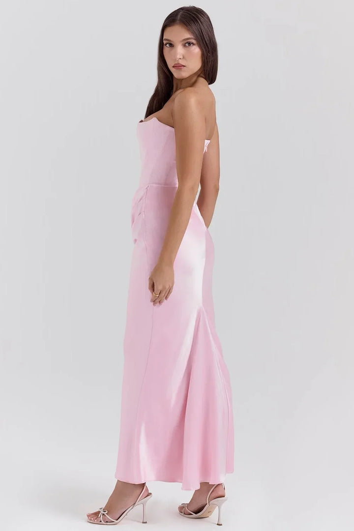 Women's Strapless Corset Satin Maxi Dress