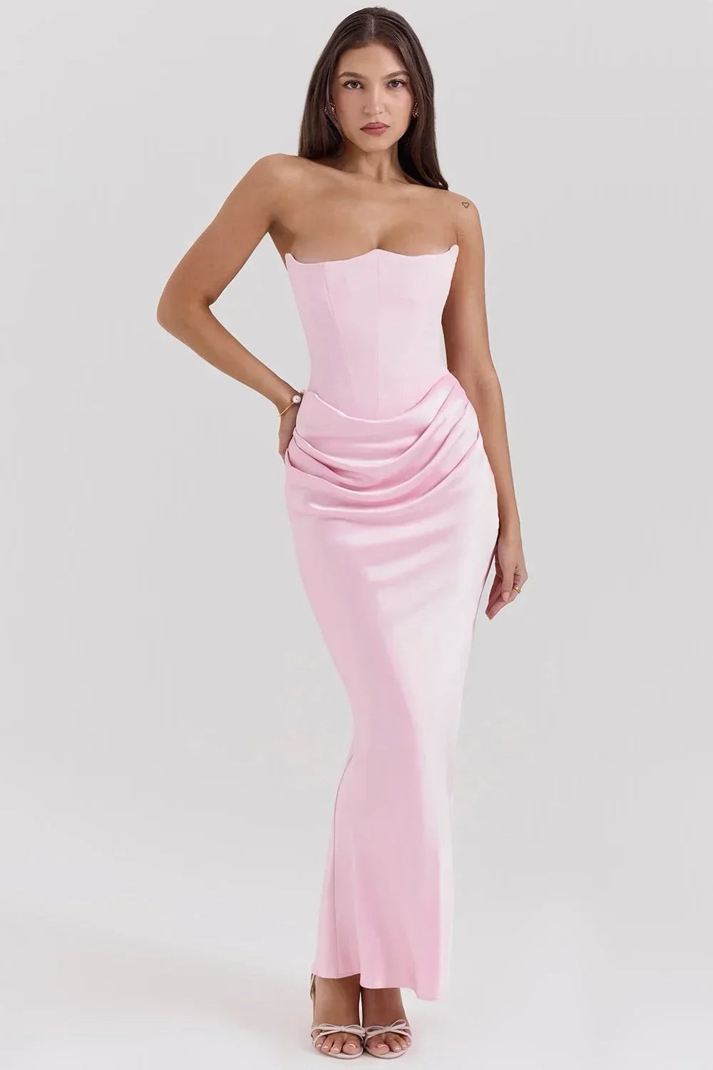Women's Strapless Corset Satin Maxi Dress