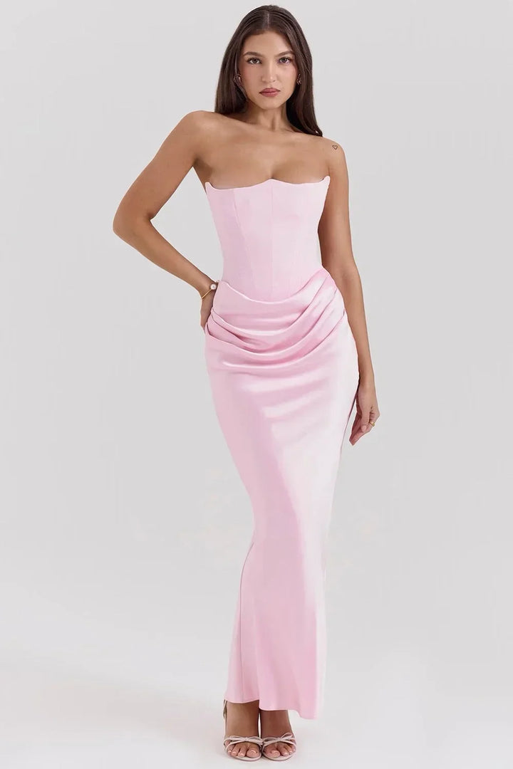 Women's Strapless Corset Satin Maxi Dress