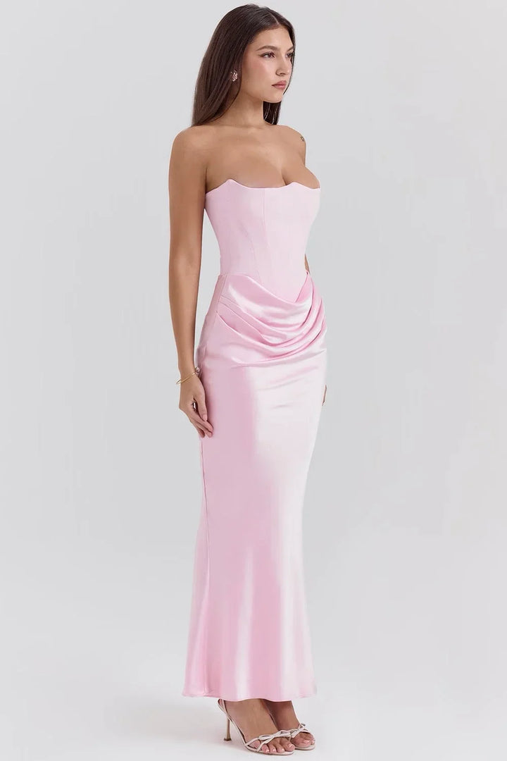 Women's Strapless Corset Satin Maxi Dress