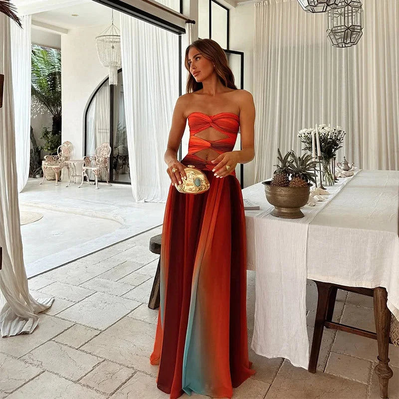 Women's Cutout Strapless Ombré Maxi Dress