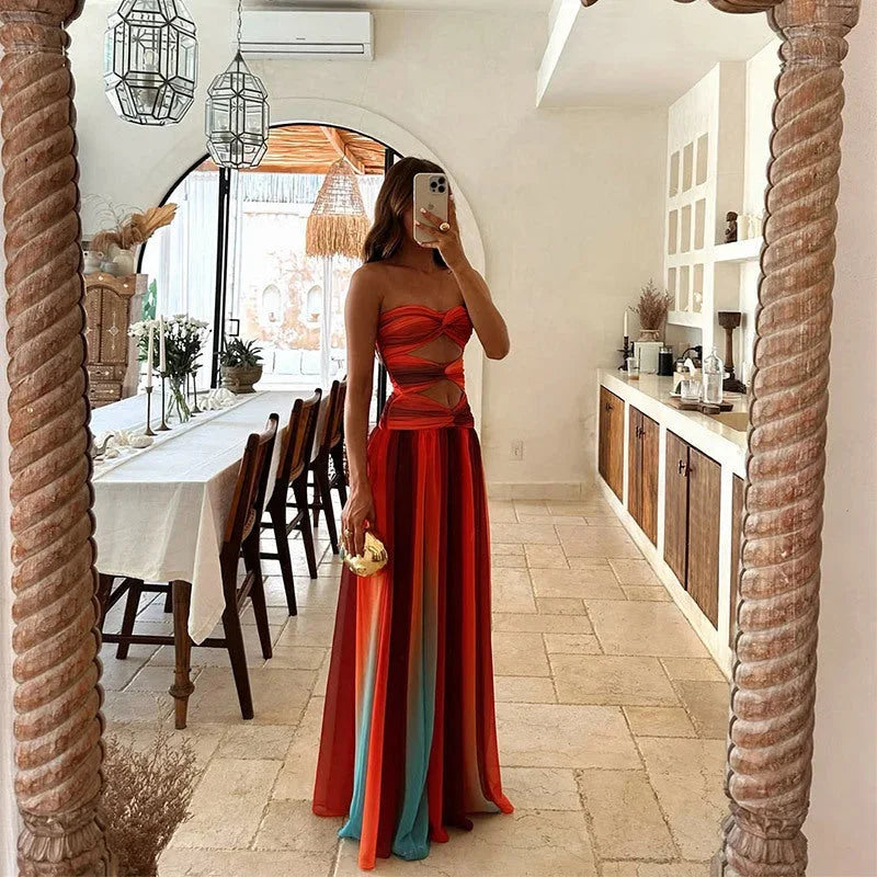 Women's Cutout Strapless Ombré Maxi Dress