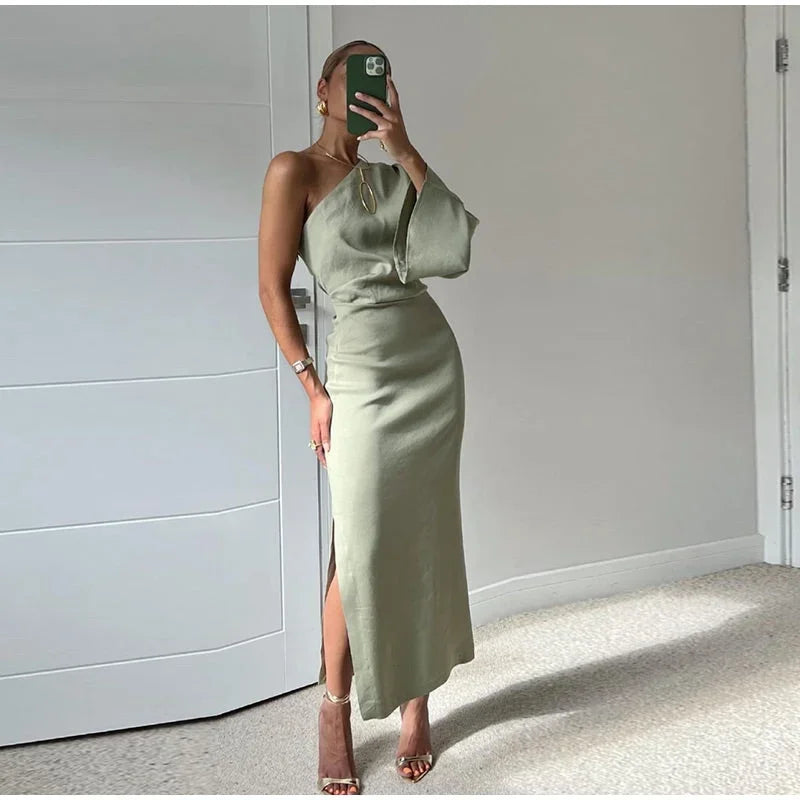 Women's One-Shoulder Midi Dress with Side Slit