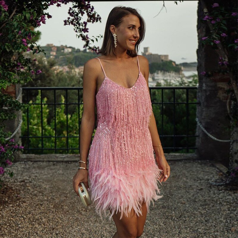 Daniela | Sequin Feather Hem Mini Cocktail Dress