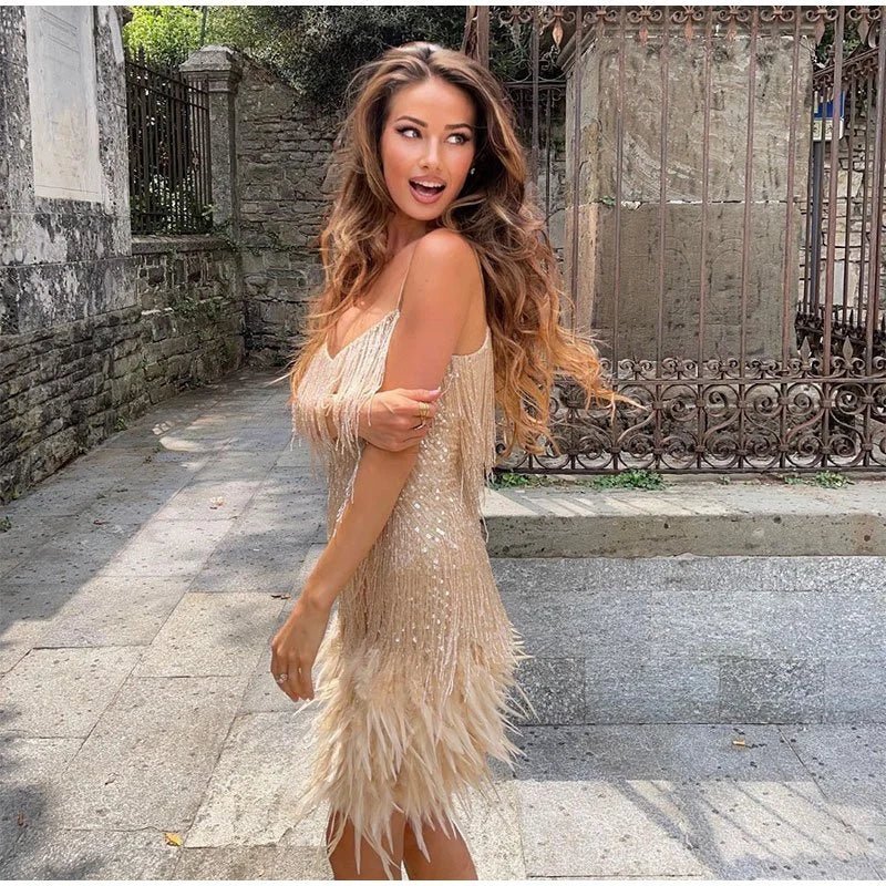 Alessia | Fringe Feather Cocktail Dress