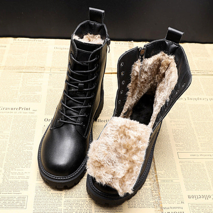 Women's Fur-Lined Lace-Up Combat Boots with Chunky Sole