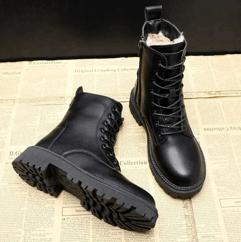 Women's Fur-Lined Lace-Up Combat Boots with Chunky Sole