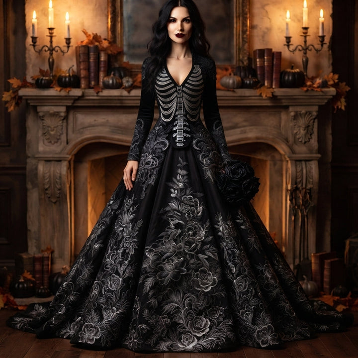 Women's Skeleton Halloween Costume Dress with Rose-Embroidered Skirt