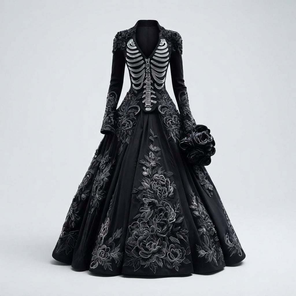 Women's Skeleton Halloween Costume Dress with Rose-Embroidered Skirt
