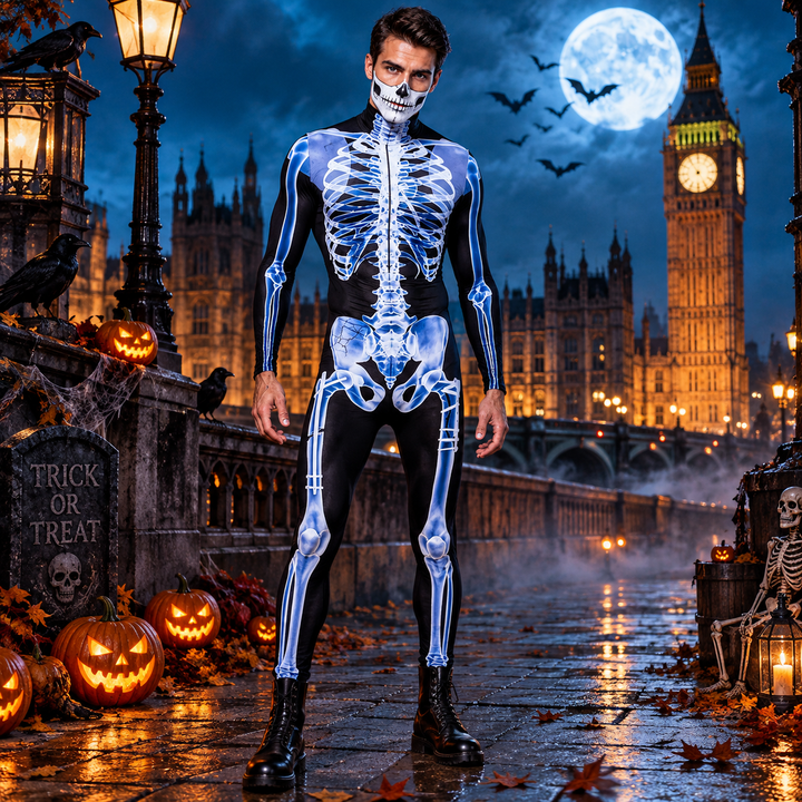 Men's Skeleton Halloween Costume Jumpsuit with Long Sleeves