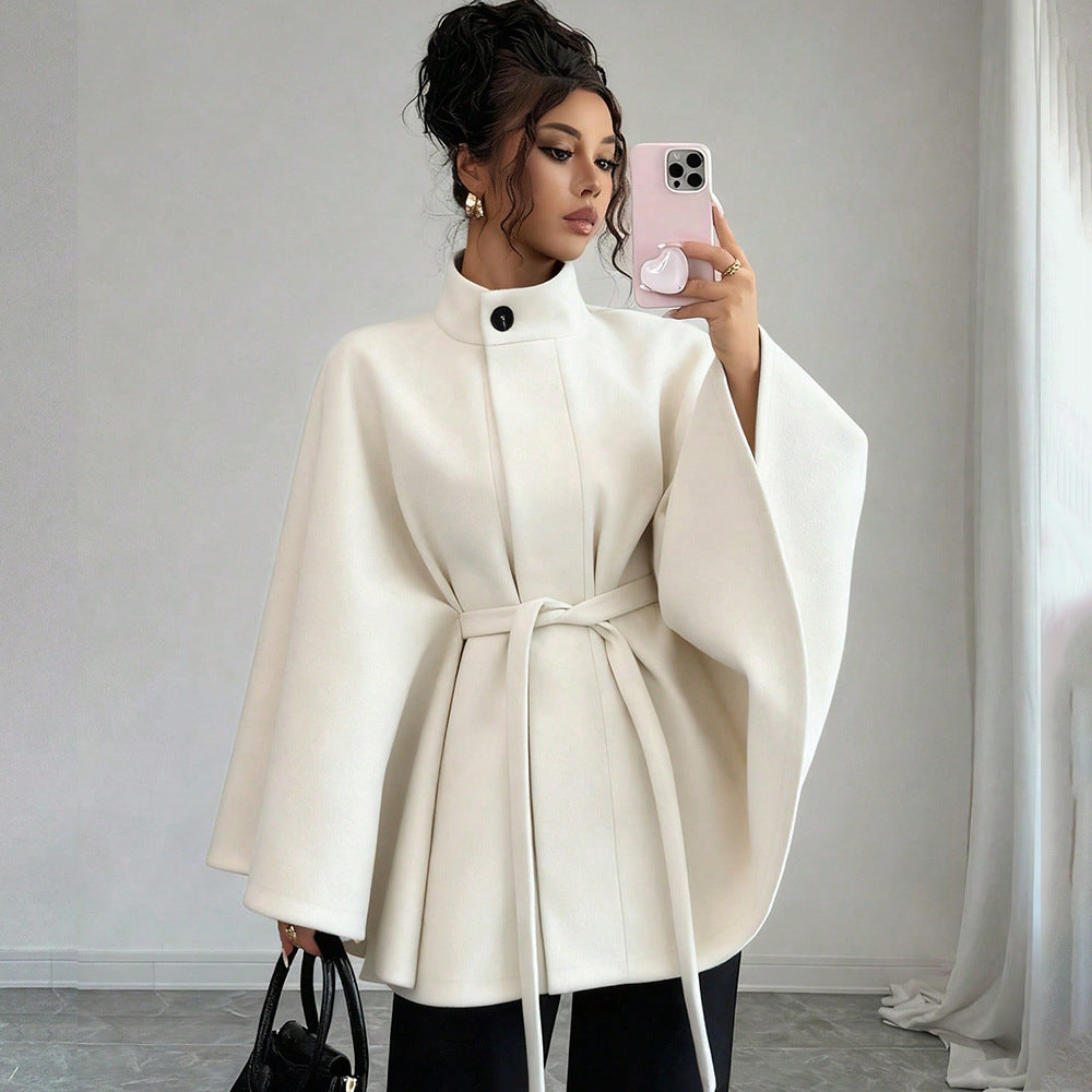 Belted Cape Sleeve Wool Coat for Women