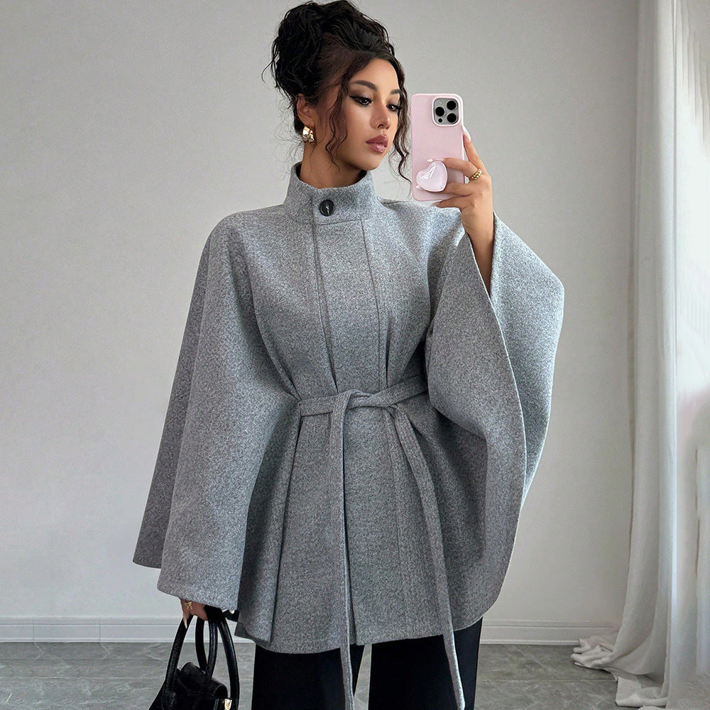 Belted Cape Sleeve Wool Coat for Women