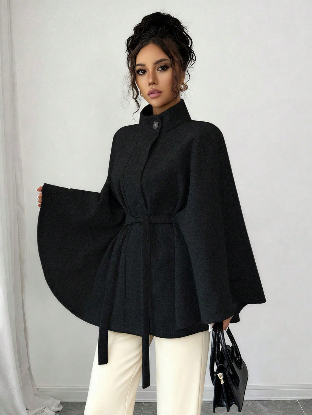 Belted Cape Sleeve Wool Coat for Women