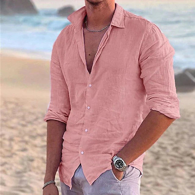 Men's Linen Button-Up Shirt with Point Collar
