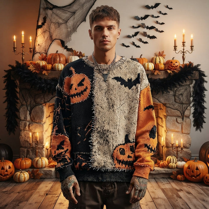 Men's Halloween Pumpkin Bat Knit Sweater