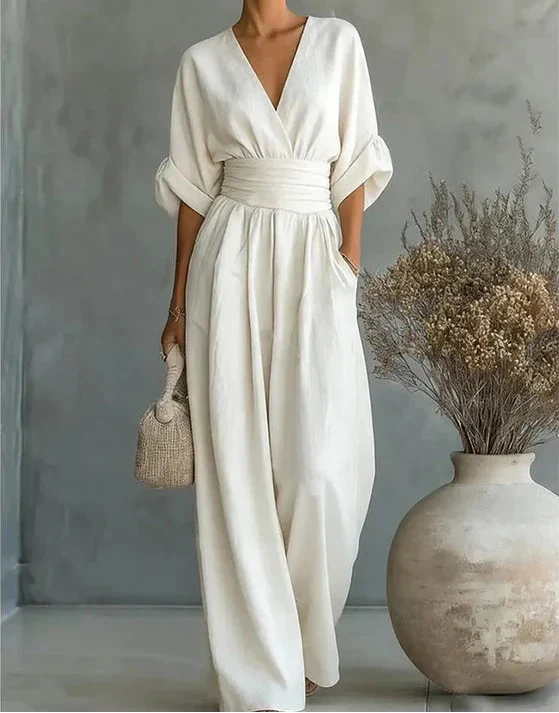 Women's Linen V-Neck Wide-Leg Jumpsuit