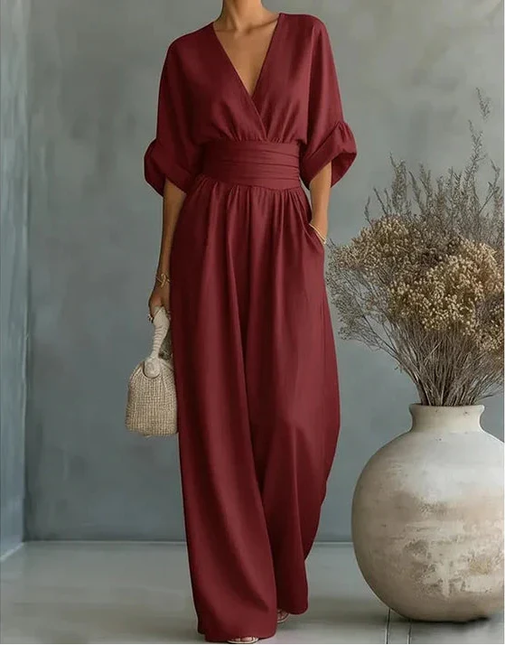 Women's Linen V-Neck Wide-Leg Jumpsuit