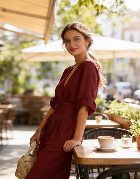Women's Linen V-Neck Wide-Leg Jumpsuit