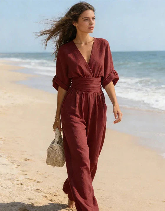 Women's Linen V-Neck Wide-Leg Jumpsuit
