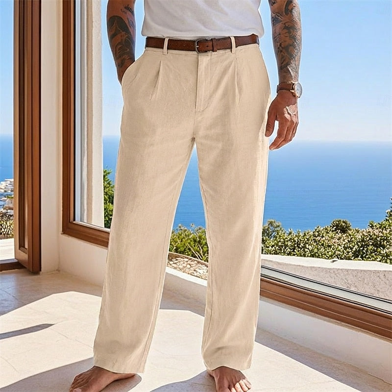Men's Linen Pleated Pants with Tailored Fit