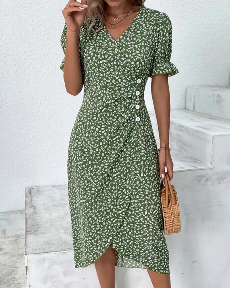 Women's Floral Wrap Midi Dress with Ruffle Sleeves