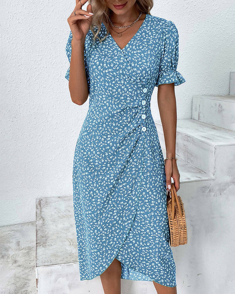Women's Floral Wrap Midi Dress with Ruffle Sleeves