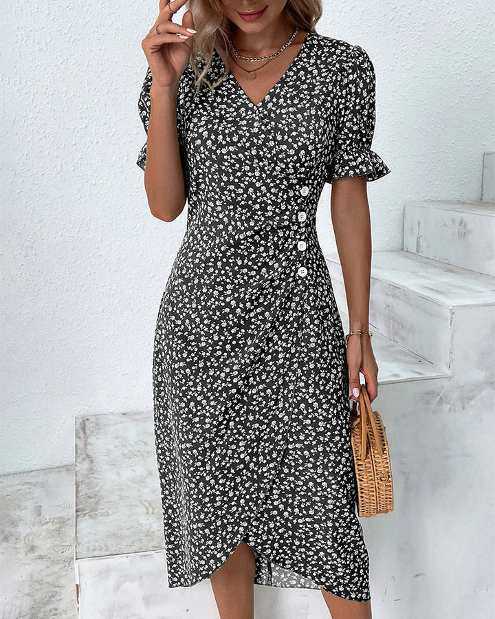 Women's Floral Wrap Midi Dress with Ruffle Sleeves