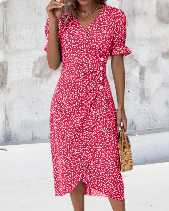 Women's Floral Wrap Midi Dress with Ruffle Sleeves