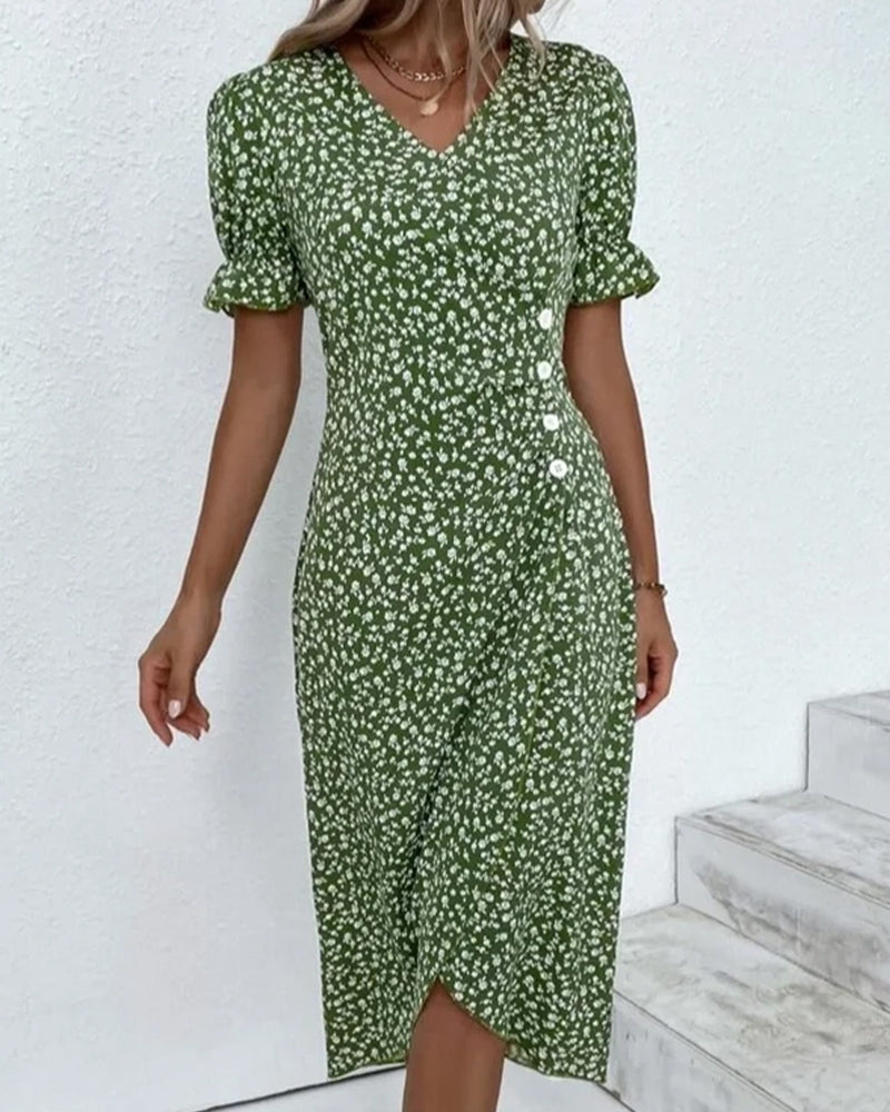 Women's Floral Wrap Midi Dress with Ruffle Sleeves