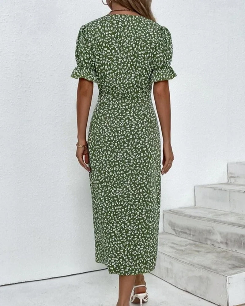 Women's Floral Wrap Midi Dress with Ruffle Sleeves