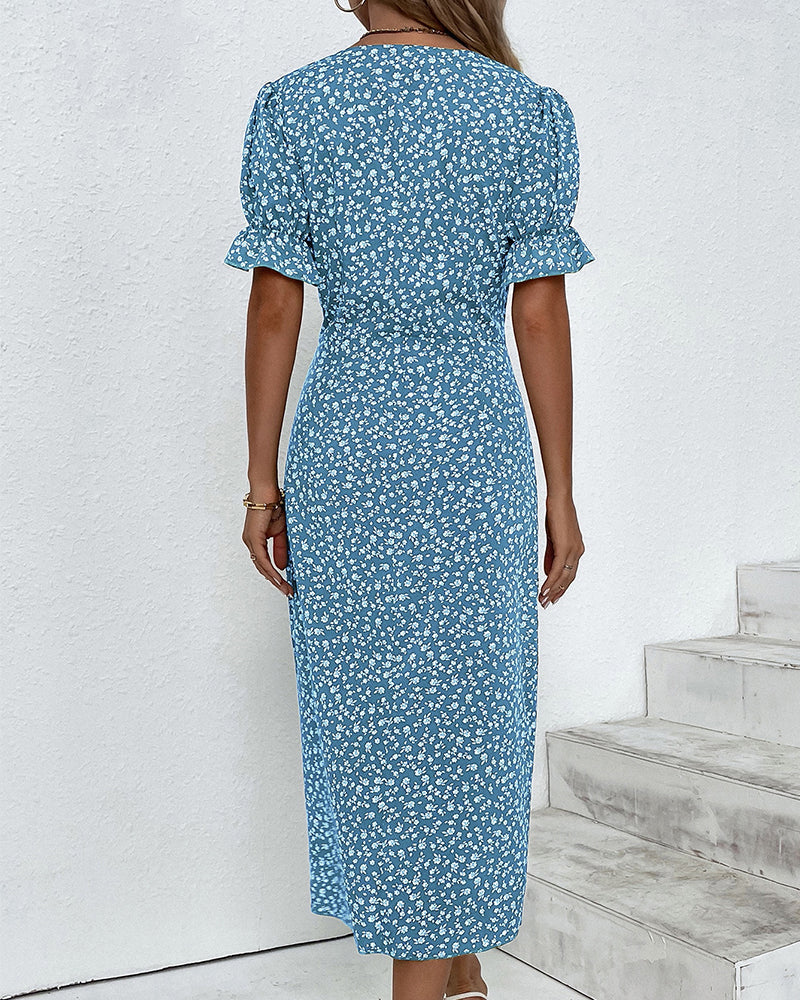 Women's Floral Wrap Midi Dress with Ruffle Sleeves
