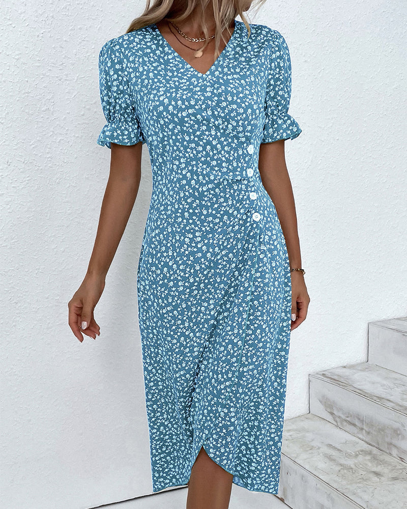 Women's Floral Wrap Midi Dress with Ruffle Sleeves