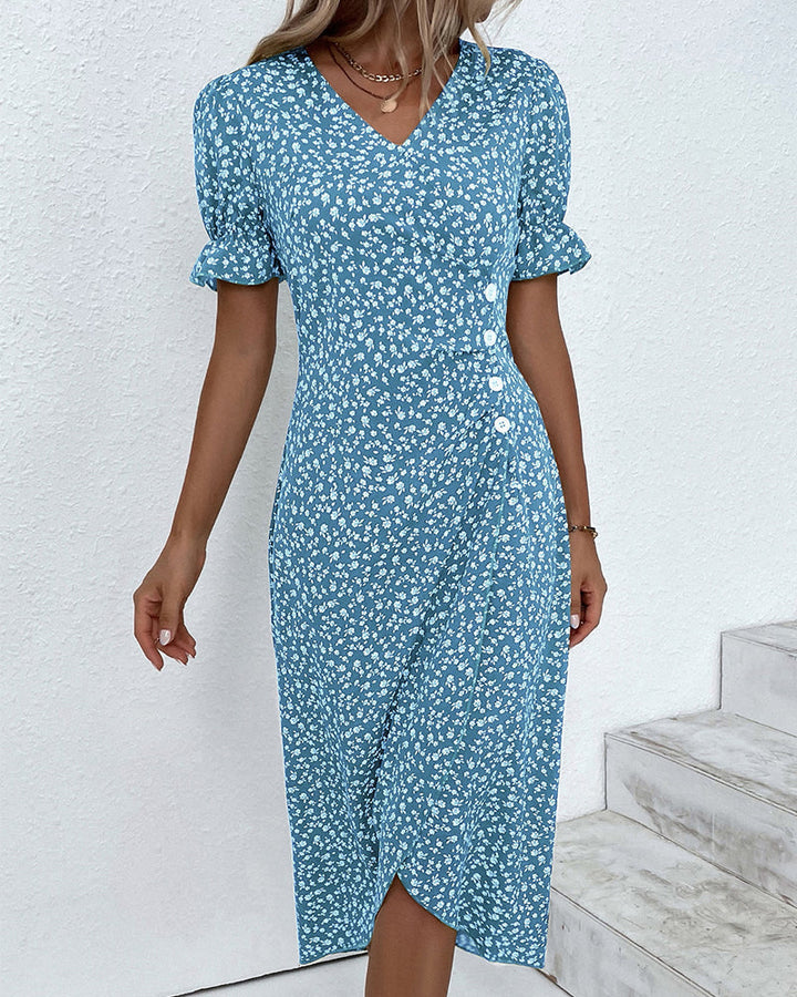 Women's Floral Wrap Midi Dress with Ruffle Sleeves