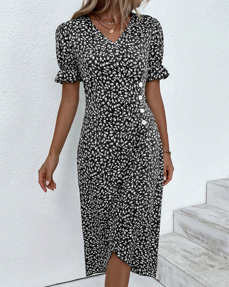 Women's Floral Wrap Midi Dress with Ruffle Sleeves
