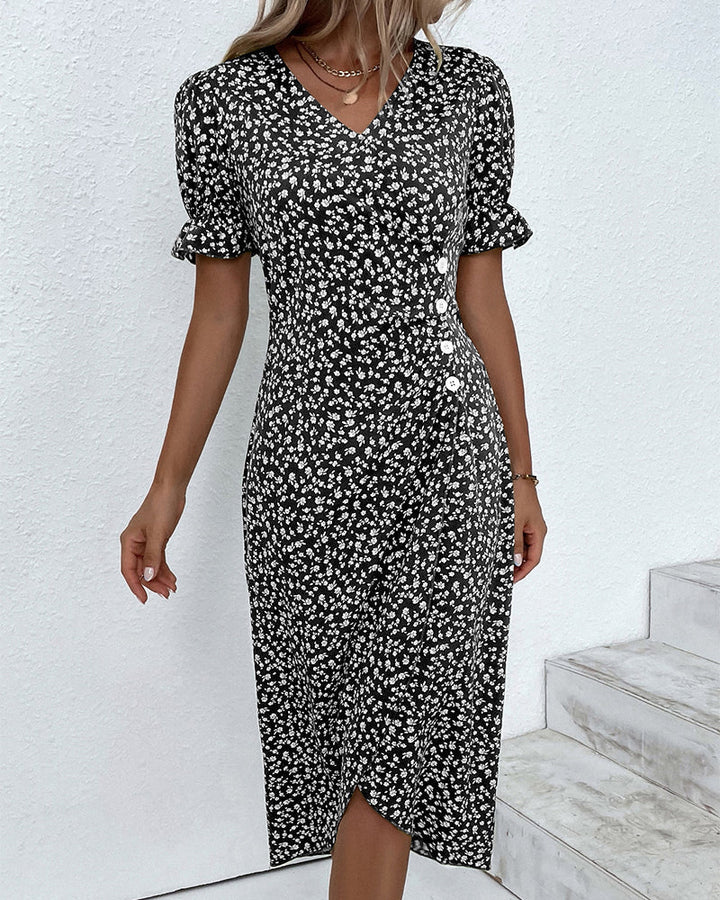 Women's Floral Wrap Midi Dress with Ruffle Sleeves