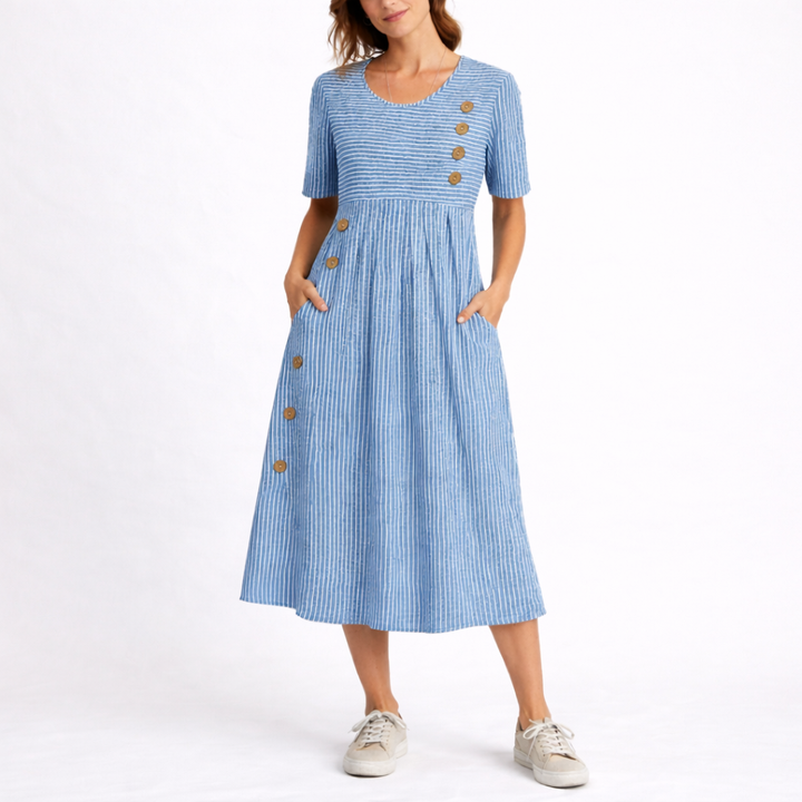 Women's Striped Midi Dress with Button Detail