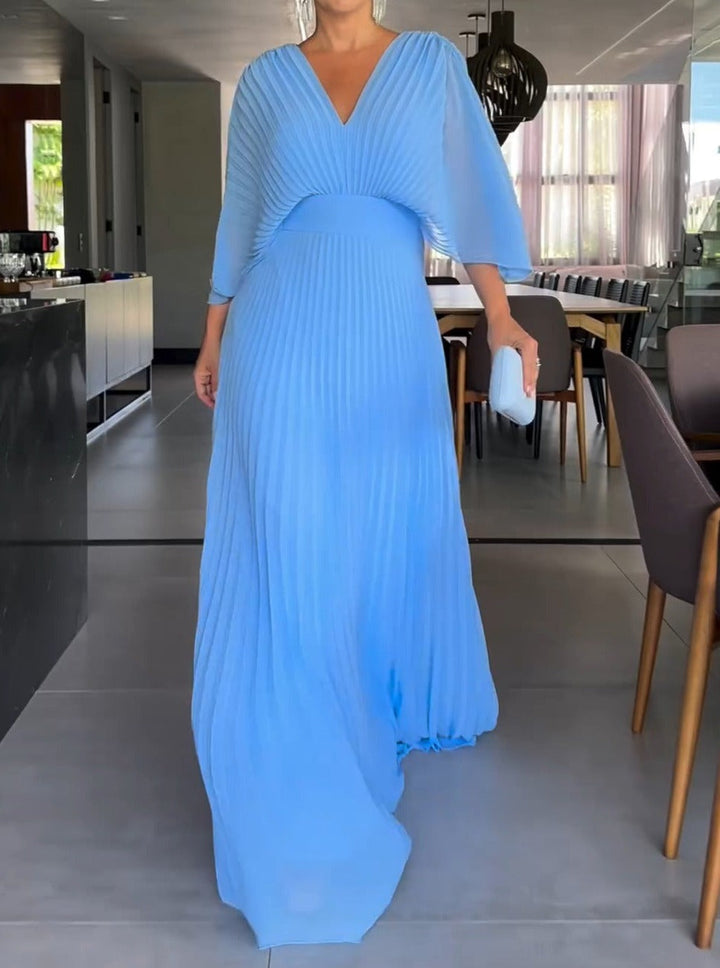 Lucia | Evening Pleated V Neck Maxi Dress