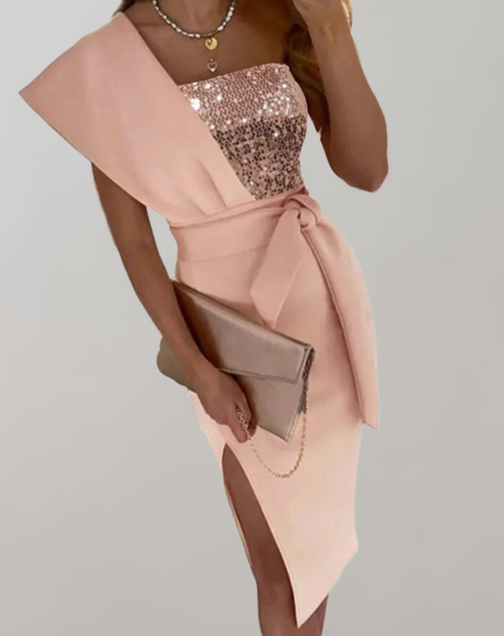 Estella | One Shoulder Belted Midi Cocktail Dress