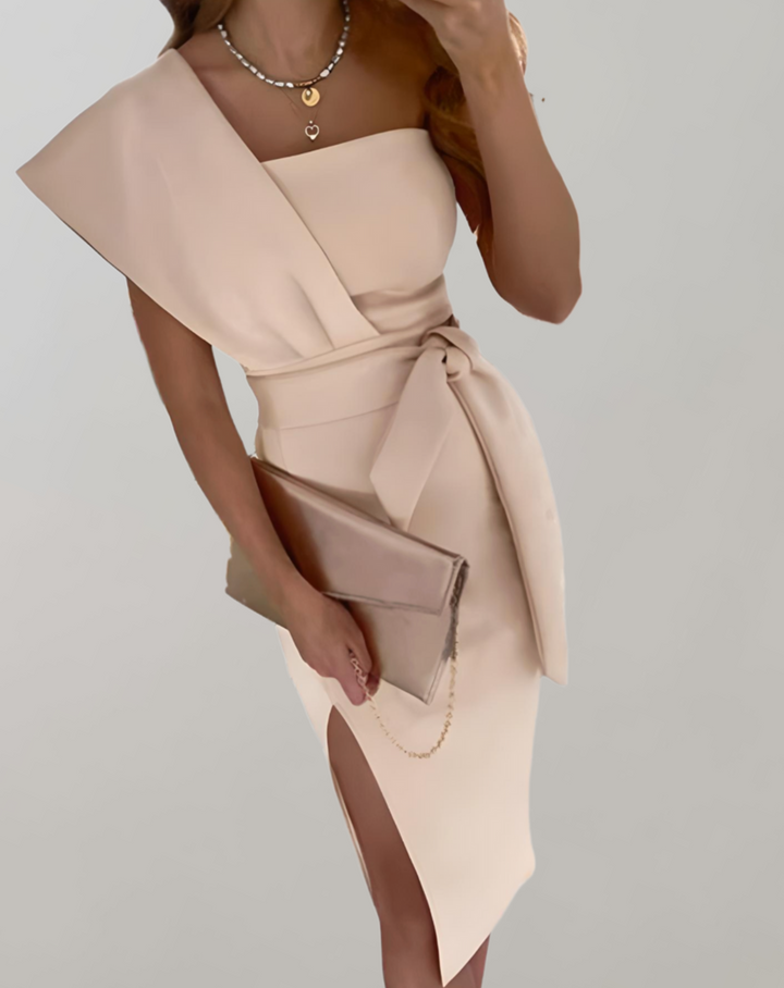Estella | One Shoulder Belted Midi Cocktail Dress