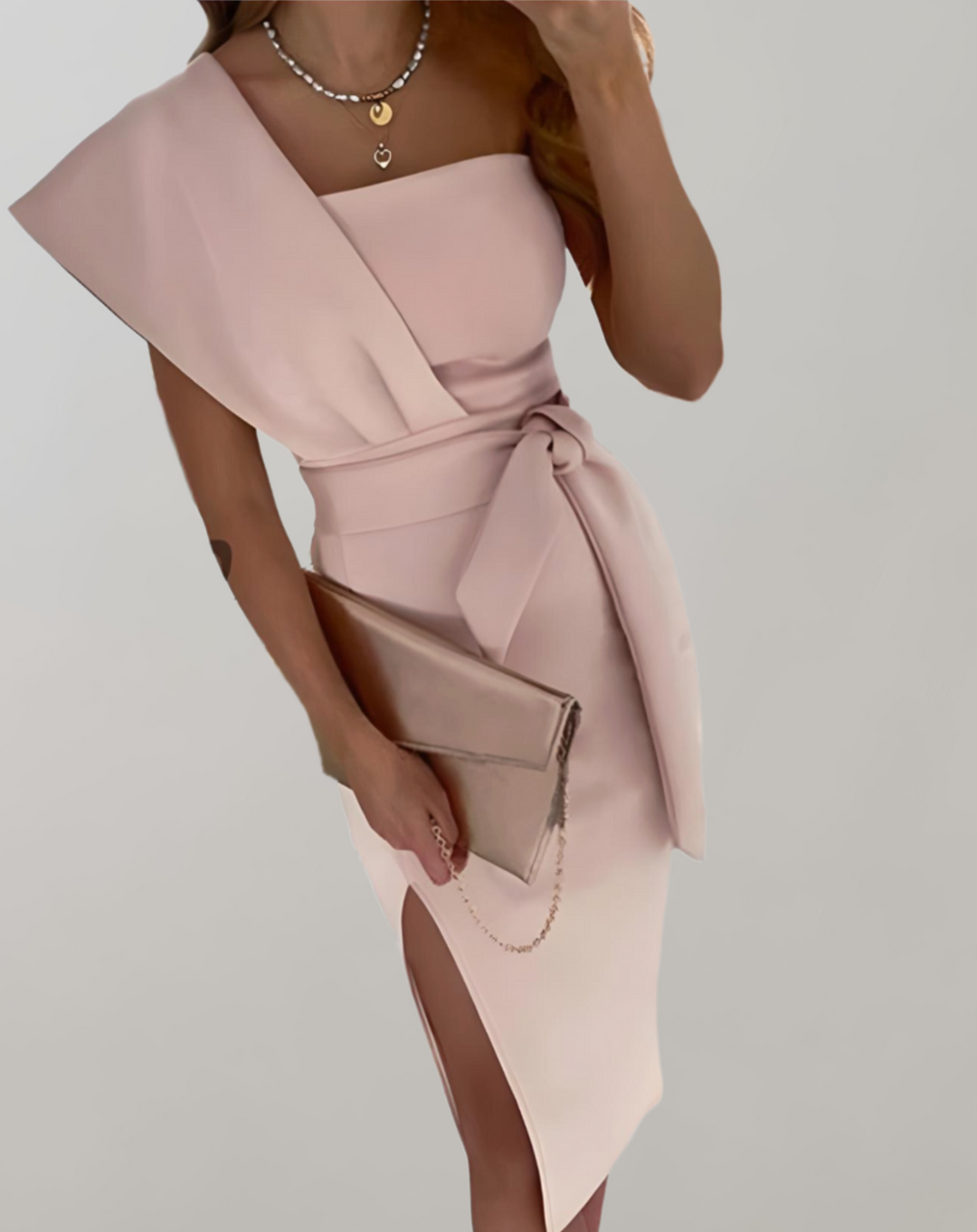 Estella | One Shoulder Belted Midi Cocktail Dress