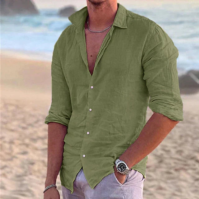 Men's Linen Button-Up Shirt with Point Collar