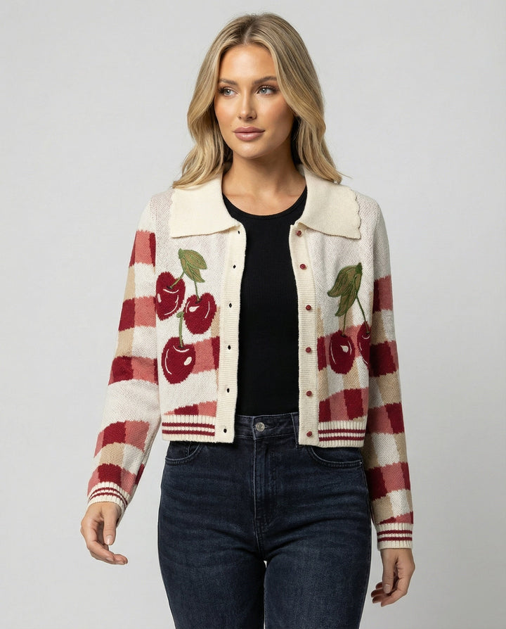 Camila | Cherry Print Collared Knit Cardigan