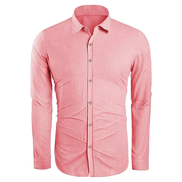 Men's Linen Button-Up Shirt with Point Collar