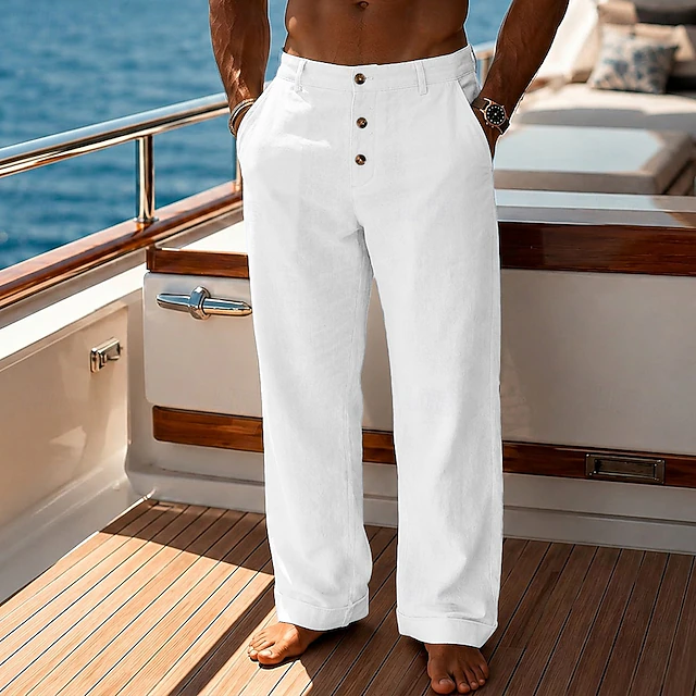 Men's Linen Button-Front Pants with Cuffed Hem